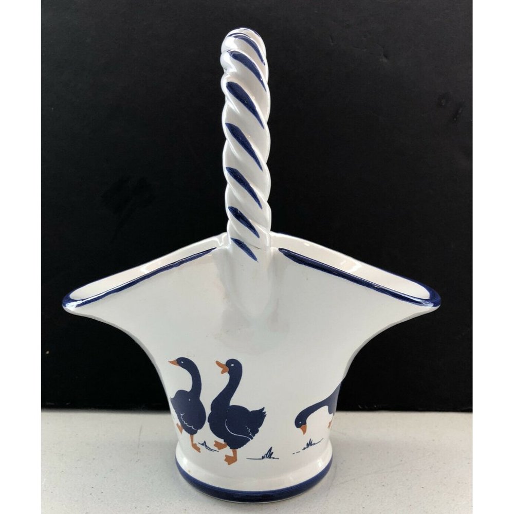 Vintage Ceramic White Basket Handle Blue Geese